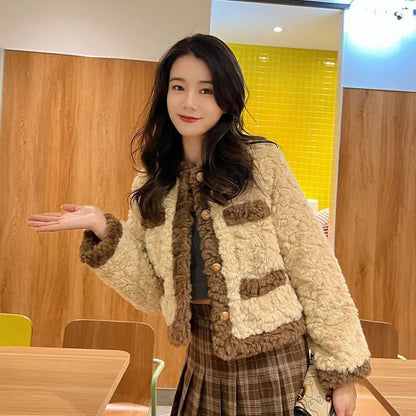 Xpqbb Lamb Wool Jackets for Women 2024 Autumn Winter Keep Warm Plush Short Outwear Ladies Elegant Contrast Loose Cotton Fur Coat