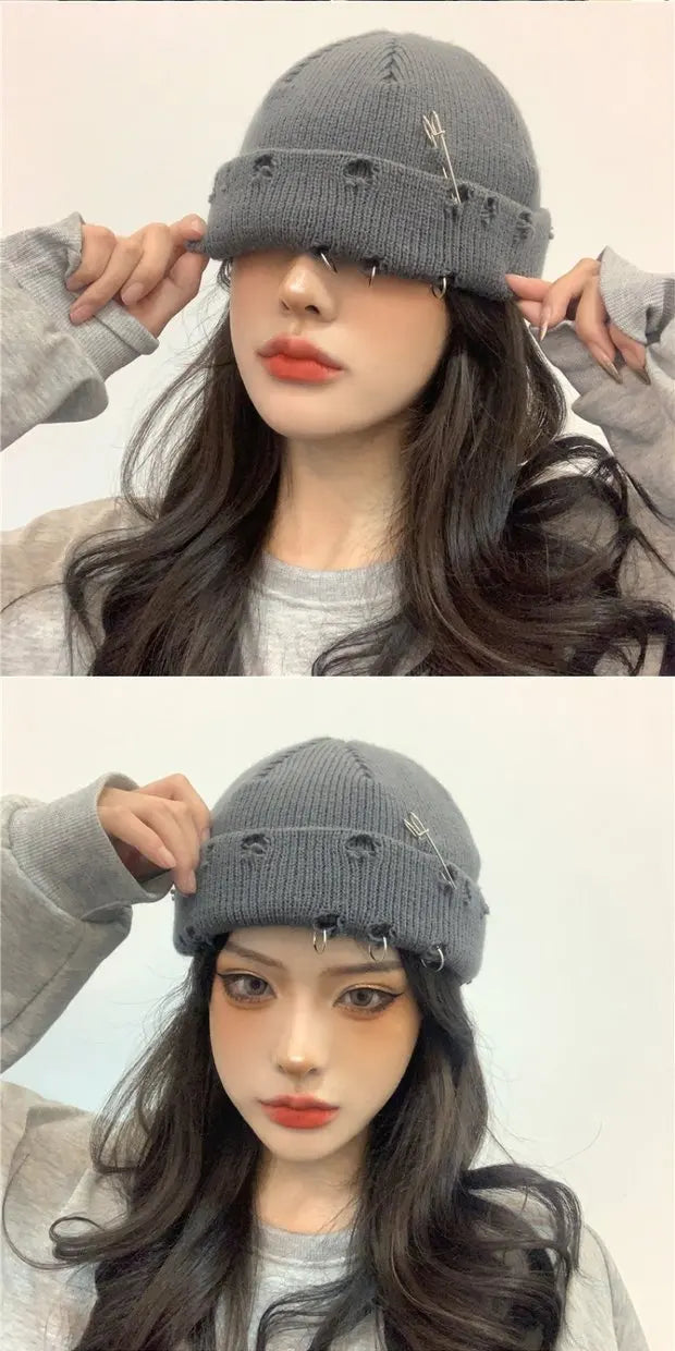 Winter Harajuku Y2K Knitted Hat Women Fashion Warm Thick Men Hip Hop Pin Hole Skullcap Short Hat Unisex Basic Cap