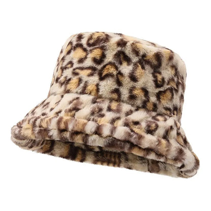 Chapeau hiver femme, imprimé léopard, chaud et polyvalent, style seau en peluche.