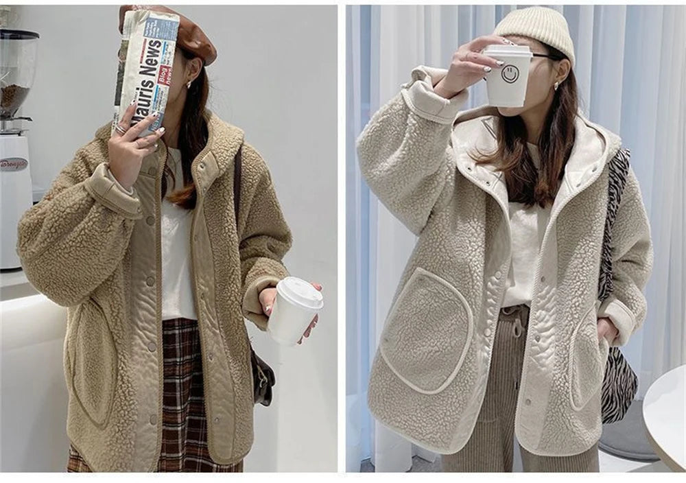 Women Lamb Wool Thick Hooded Coat Korean Loose Warm Plush Jacket Autumn Winter Casual Fashion Streetwear Ladies Sweet Outerwear