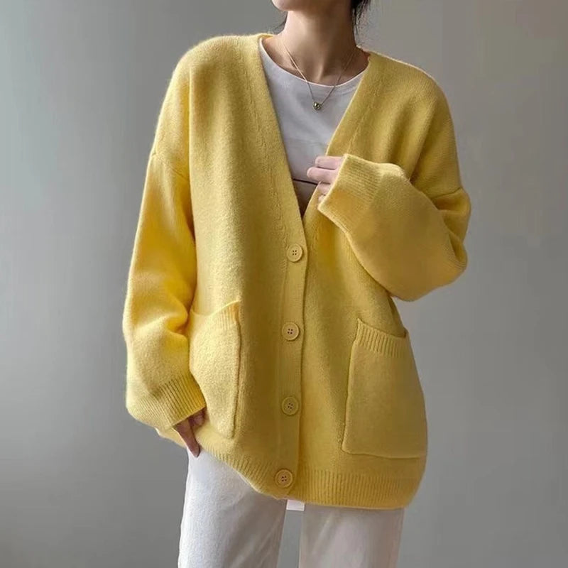 Rimcoy 2024 Chic Yellow Sweater Cardigan Women Lazy Wind Single-Breasted Knitted Cardigan Women Solid V Neck Cardigans Female