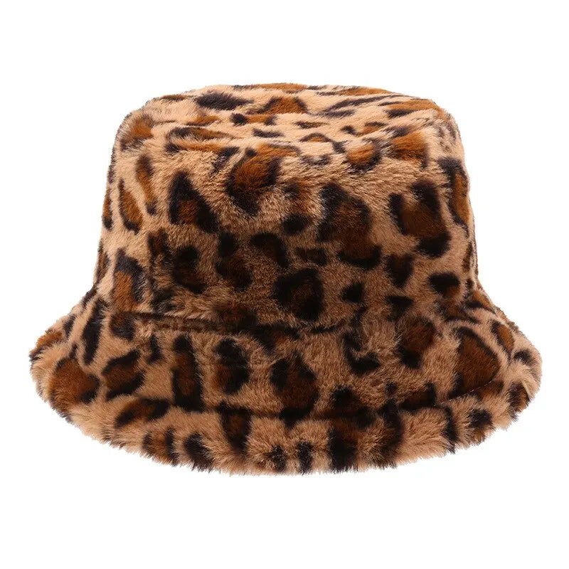 Chapeau hiver femme, imprimé léopard, chaud et polyvalent, style seau en peluche.