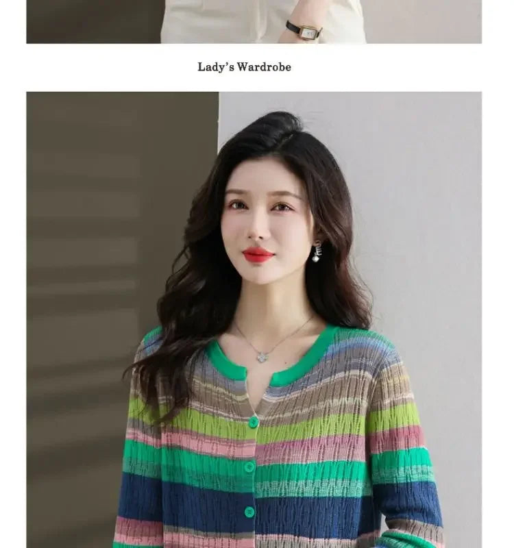 Slimming Knit Striped Mint Wave V-Neck Top Jacket Inner Simple Commuting Design Sensibility Age-Reducing Sweater