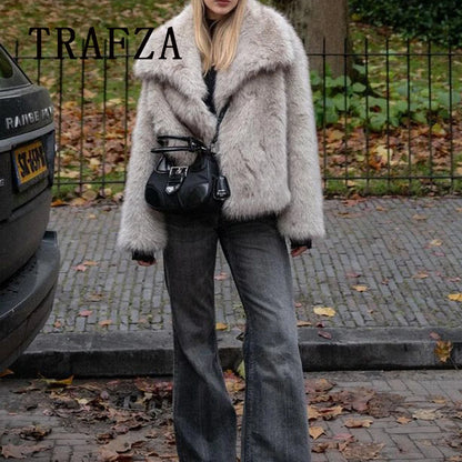 TRAFZA 2024 Autumn Winter Women Casual Faux Fur Jackets Fashion Streetwear Solid Oversized Turn Down Collar Elegant Thick Coats