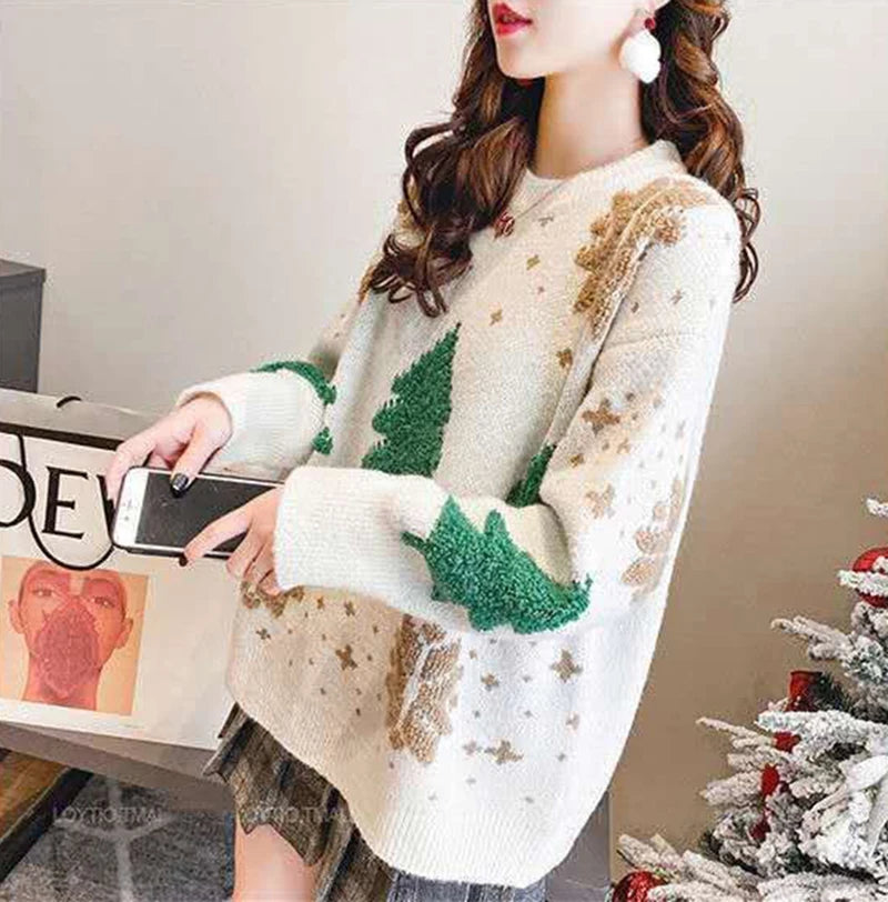 Red Christmas Sweater Women Korean Chic Loose Patchwork Print Knitted Pullover Lady Fall Winter Thick Warm Snowflake Jumpers