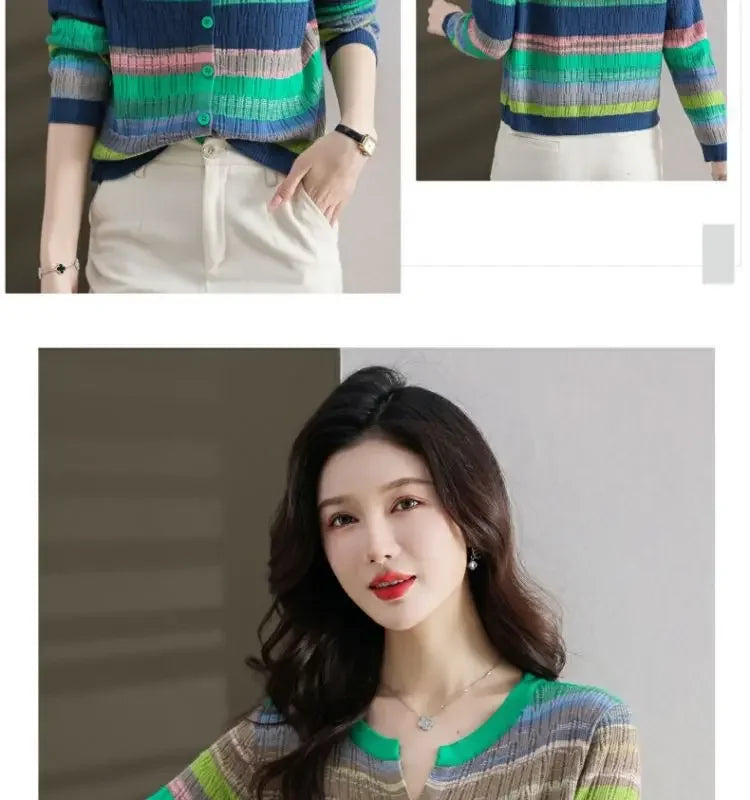 Slimming Knit Striped Mint Wave V-Neck Top Jacket Inner Simple Commuting Design Sensibility Age-Reducing Sweater