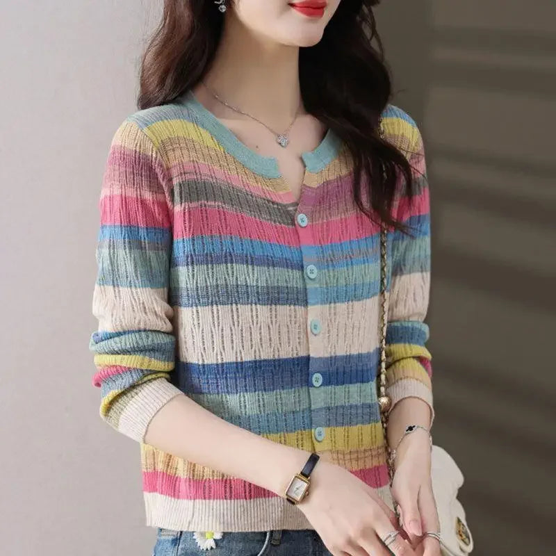 Slimming Knit Striped Mint Wave V-Neck Top Jacket Inner Simple Commuting Design Sensibility Age-Reducing Sweater