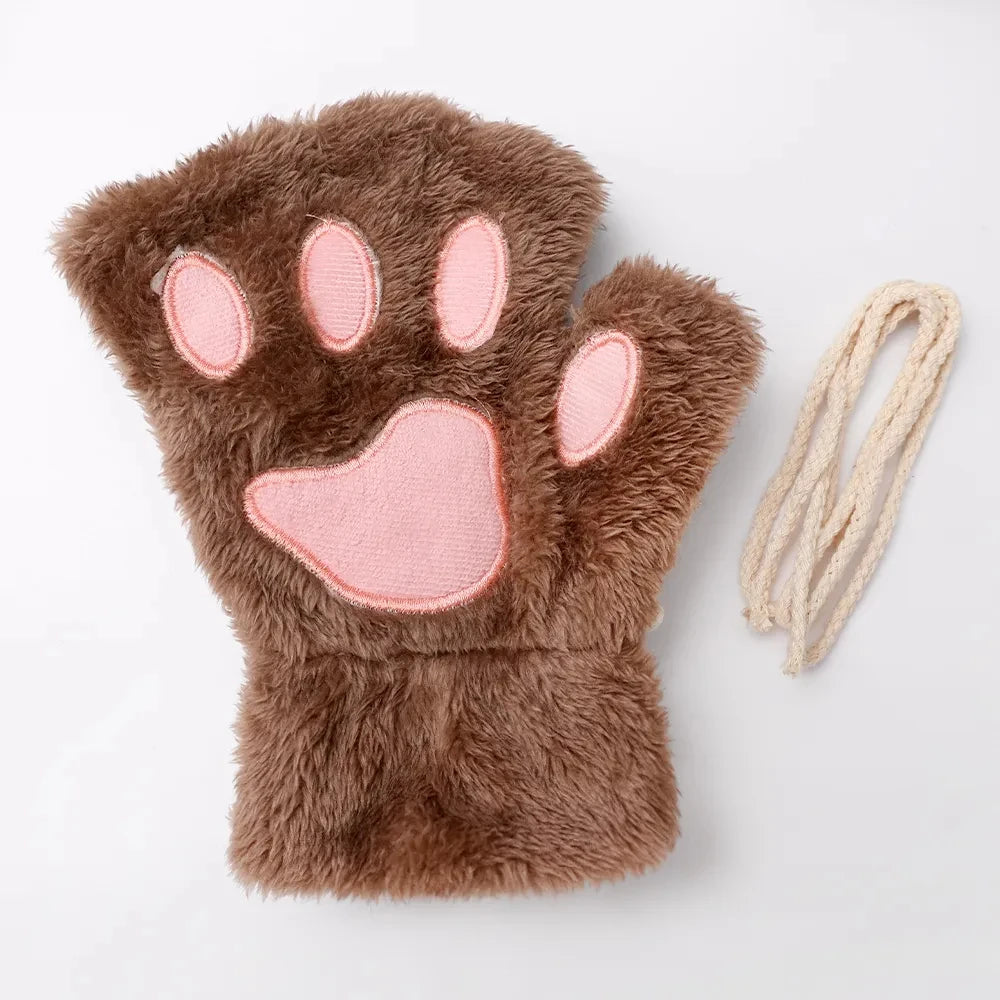 Gants en Peluche à Griffes de Chat – Mitaines Sans Doigts Douces et Chaudes, Gants de Costume Ours Fluffy