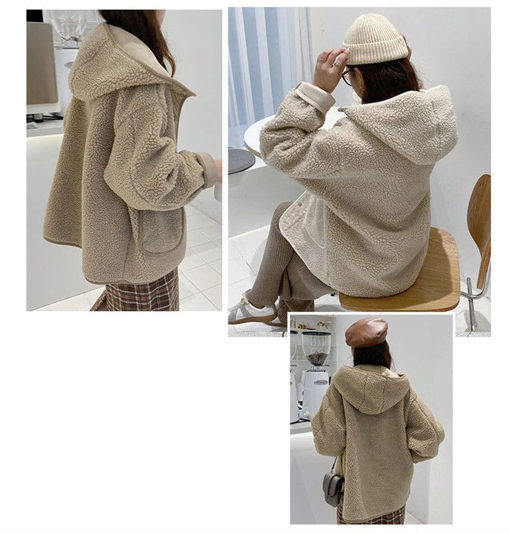 Women Lamb Wool Thick Hooded Coat Korean Loose Warm Plush Jacket Autumn Winter Casual Fashion Streetwear Ladies Sweet Outerwear