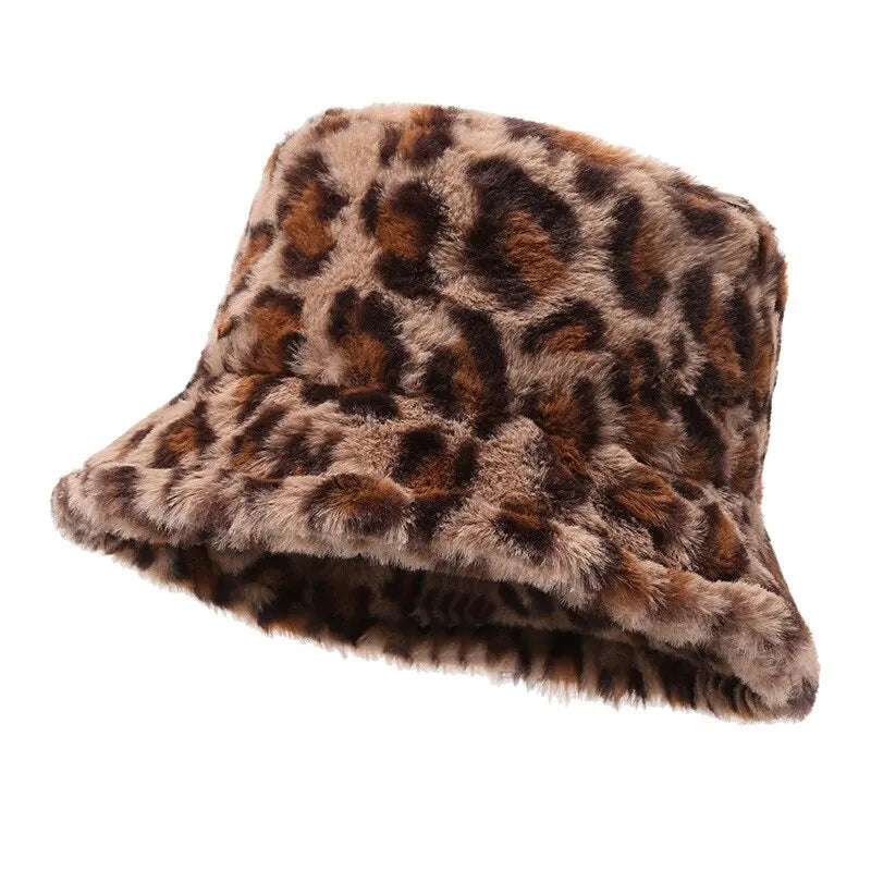 Chapeau hiver femme, imprimé léopard, chaud et polyvalent, style seau en peluche.