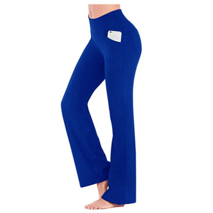 Straight Flare Pants Elastic High Waist Yoga Pockets Casual Holiday Women Clothing Solid Basic Trouser Slim Long Pants Sport