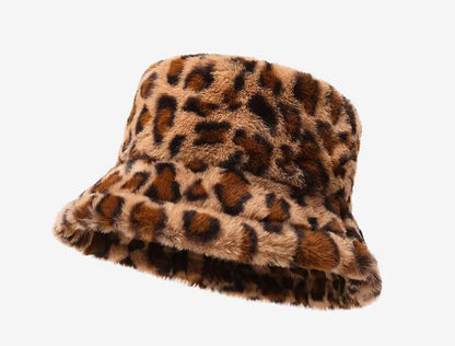 Chapeau hiver femme, imprimé léopard, chaud et polyvalent, style seau en peluche.