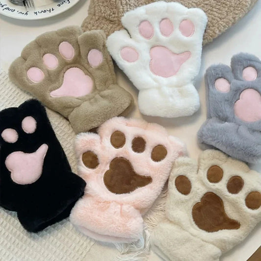 Gants en Peluche à Griffes de Chat – Mitaines Sans Doigts Douces et Chaudes, Gants de Costume Ours Fluffy