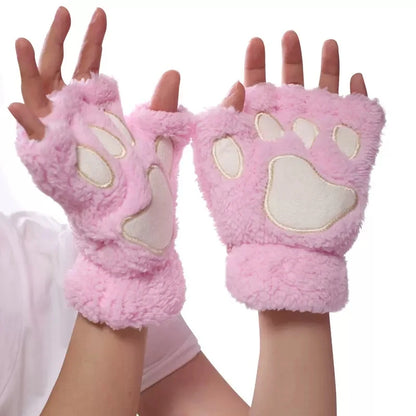 Gants en Peluche à Griffes de Chat – Mitaines Sans Doigts Douces et Chaudes, Gants de Costume Ours Fluffy