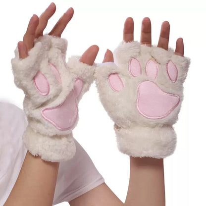 Gants en Peluche à Griffes de Chat – Mitaines Sans Doigts Douces et Chaudes, Gants de Costume Ours Fluffy