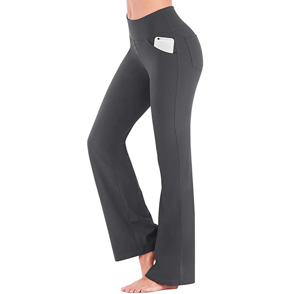 Straight Flare Pants Elastic High Waist Yoga Pockets Casual Holiday Women Clothing Solid Basic Trouser Slim Long Pants Sport