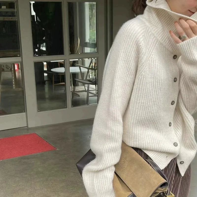 Turtleneck Cardigan Ladies 100% pure woolen sweater Autumn and winter loose thickened cashmere base sweater knitted  coat tide