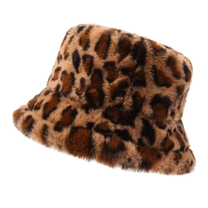 Chapeau hiver femme, imprimé léopard, chaud et polyvalent, style seau en peluche.