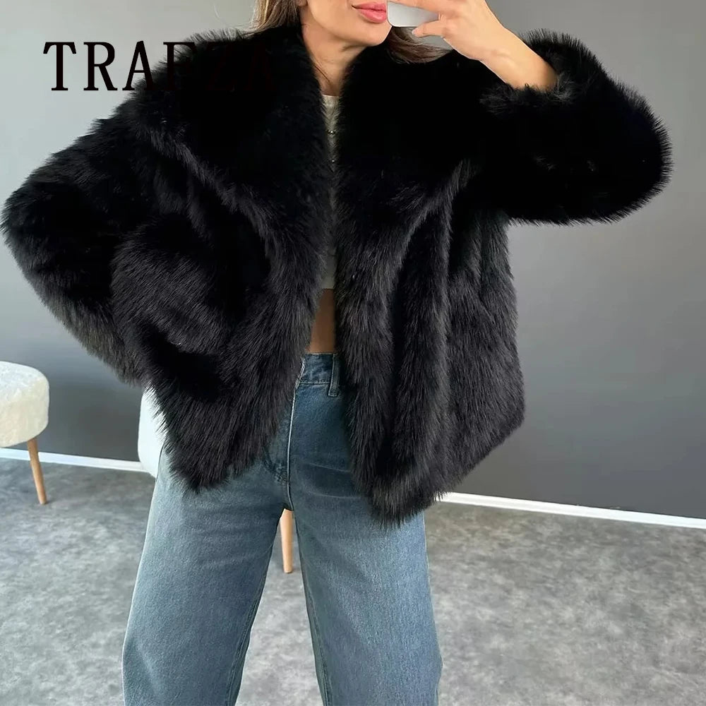 TRAFZA 2024 Autumn Winter Women Casual Faux Fur Jackets Fashion Streetwear Solid Oversized Turn Down Collar Elegant Thick Coats