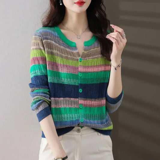 Slimming Knit Striped Mint Wave V-Neck Top Jacket Inner Simple Commuting Design Sensibility Age-Reducing Sweater