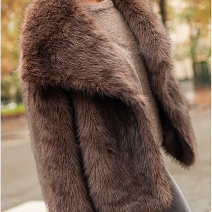 Retro Collar Long Sleeved Buttons Women's Faux Fur Coats Winter Thick Warm Solid Color Fury Jacket Female High Street Outerwear