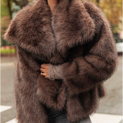 Retro Collar Long Sleeved Buttons Women's Faux Fur Coats Winter Thick Warm Solid Color Fury Jacket Female High Street Outerwear