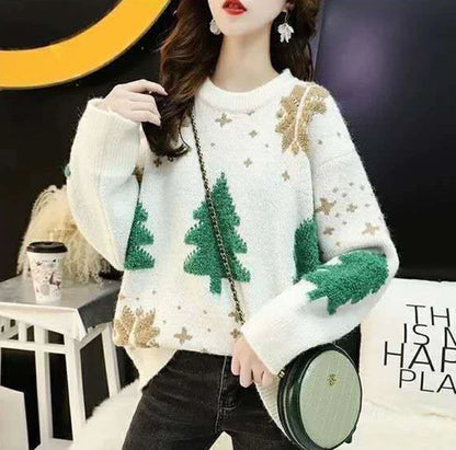 Red Christmas Sweater Women Korean Chic Loose Patchwork Print Knitted Pullover Lady Fall Winter Thick Warm Snowflake Jumpers