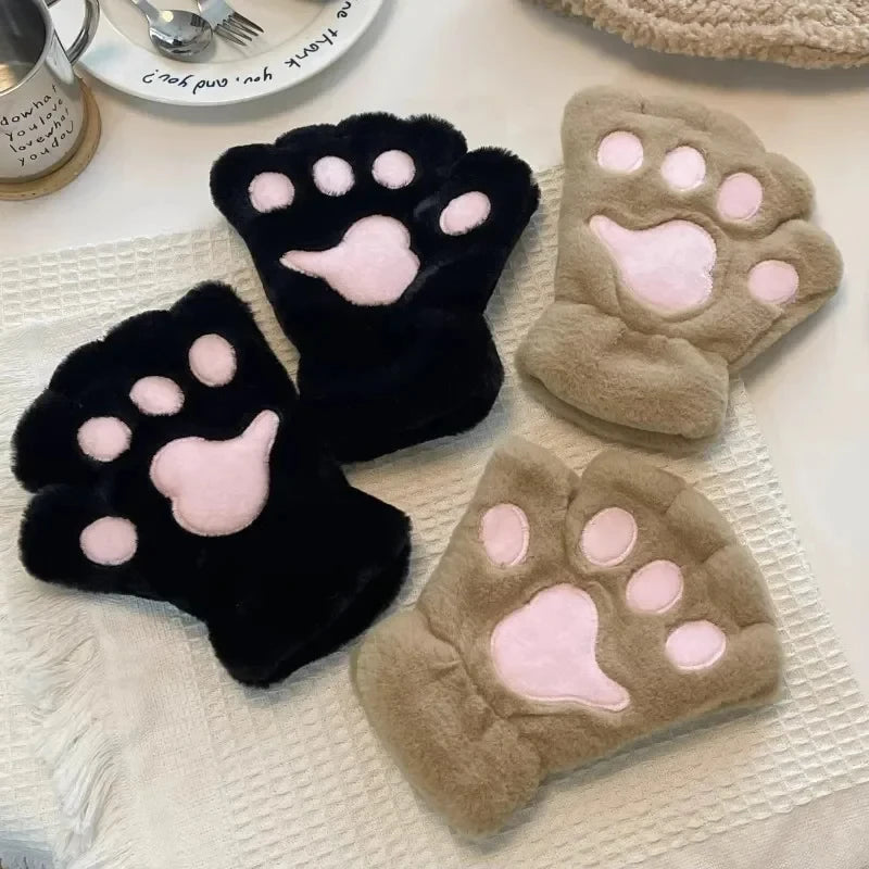 Gants en Peluche à Griffes de Chat – Mitaines Sans Doigts Douces et Chaudes, Gants de Costume Ours Fluffy