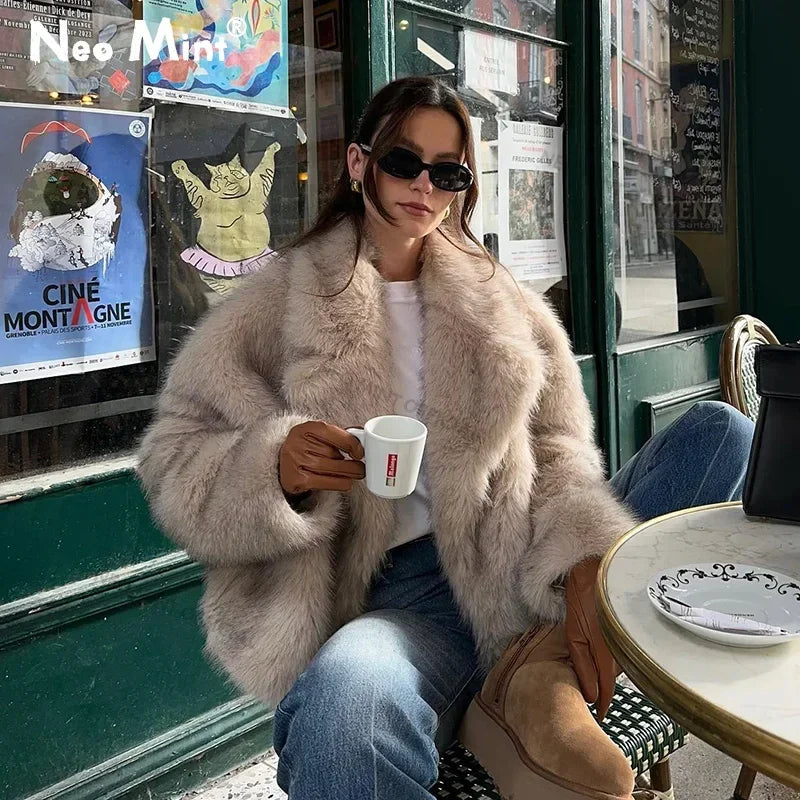 Neo Mint Chic Street Girls Gradient Faux Fur Jacket Women Winter 2024 Brand Fashion Fluffy Fox Fur Coat Female Luxury Outerwear