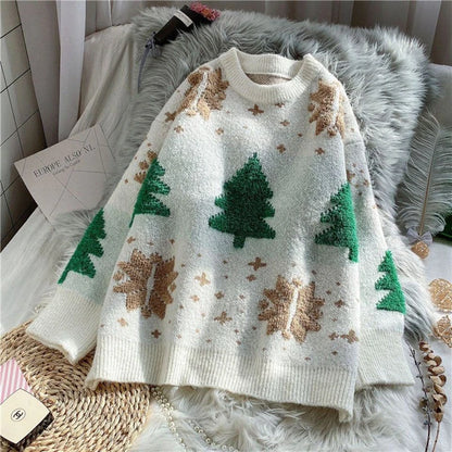 Red Christmas Sweater Women Korean Chic Loose Patchwork Print Knitted Pullover Lady Fall Winter Thick Warm Snowflake Jumpers