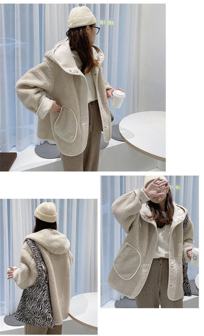 Women Lamb Wool Thick Hooded Coat Korean Loose Warm Plush Jacket Autumn Winter Casual Fashion Streetwear Ladies Sweet Outerwear