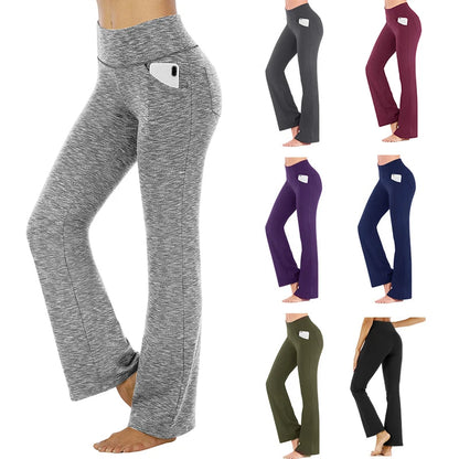 Straight Flare Pants Elastic High Waist Yoga Pockets Casual Holiday Women Clothing Solid Basic Trouser Slim Long Pants Sport