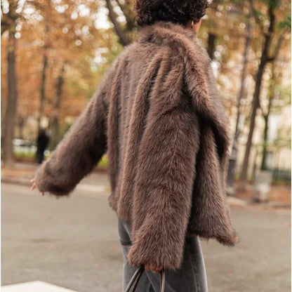 Retro Collar Long Sleeved Buttons Women's Faux Fur Coats Winter Thick Warm Solid Color Fury Jacket Female High Street Outerwear