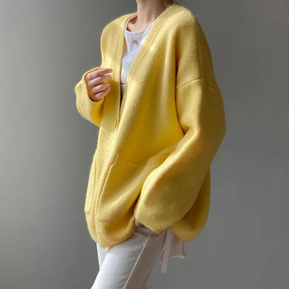 Rimcoy 2024 Chic Yellow Sweater Cardigan Women Lazy Wind Single-Breasted Knitted Cardigan Women Solid V Neck Cardigans Female