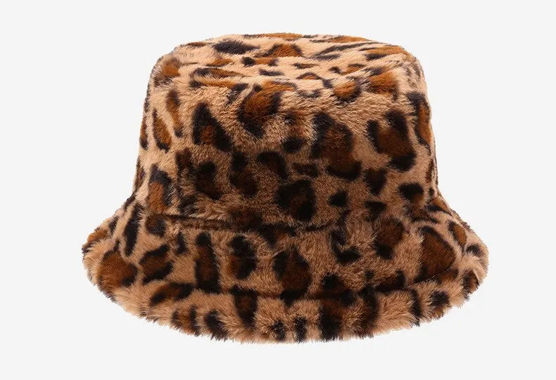 Chapeau hiver femme, imprimé léopard, chaud et polyvalent, style seau en peluche.