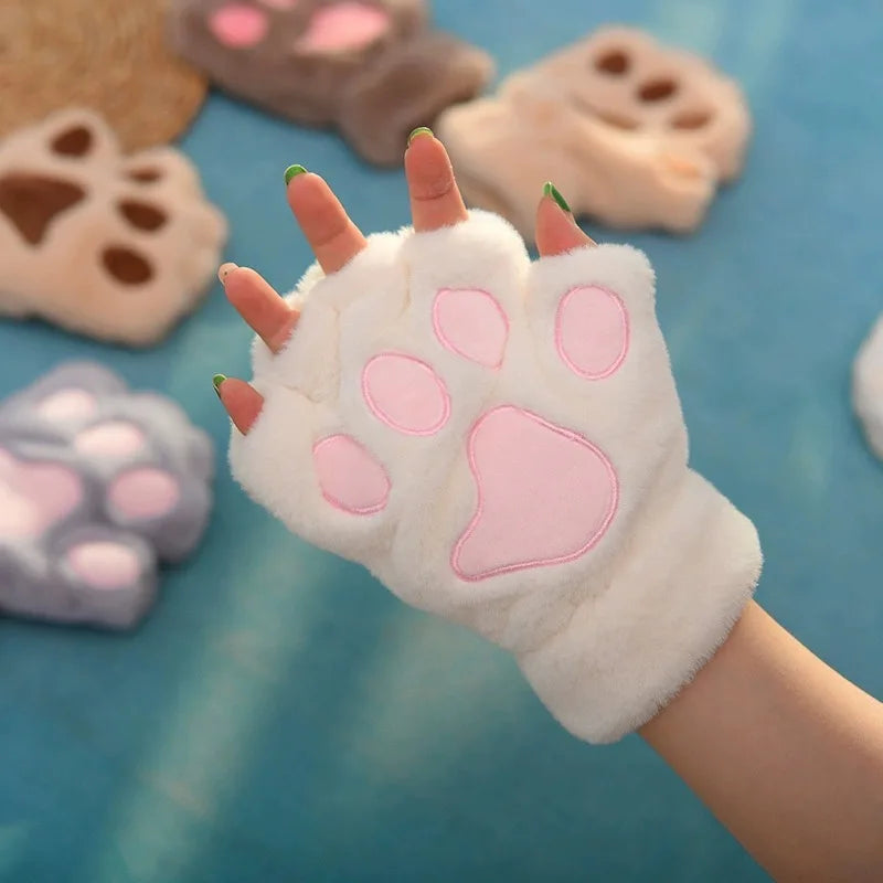 Gants en Peluche à Griffes de Chat – Mitaines Sans Doigts Douces et Chaudes, Gants de Costume Ours Fluffy