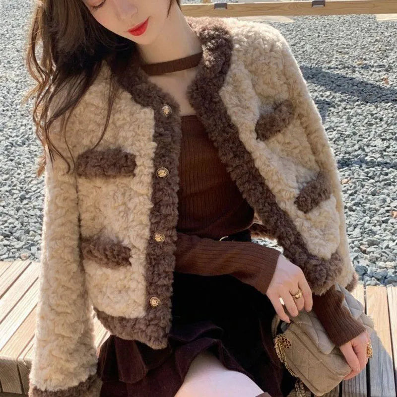 Xpqbb Lamb Wool Jackets for Women 2024 Autumn Winter Keep Warm Plush Short Outwear Ladies Elegant Contrast Loose Cotton Fur Coat