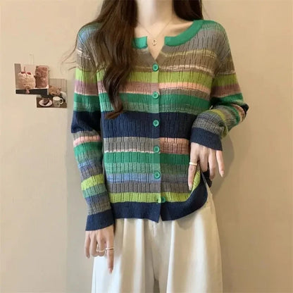 Slimming Knit Striped Mint Wave V-Neck Top Jacket Inner Simple Commuting Design Sensibility Age-Reducing Sweater