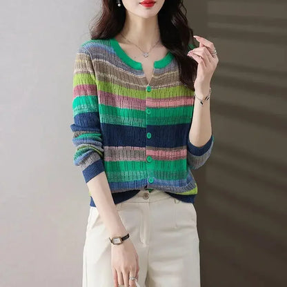 Slimming Knit Striped Mint Wave V-Neck Top Jacket Inner Simple Commuting Design Sensibility Age-Reducing Sweater