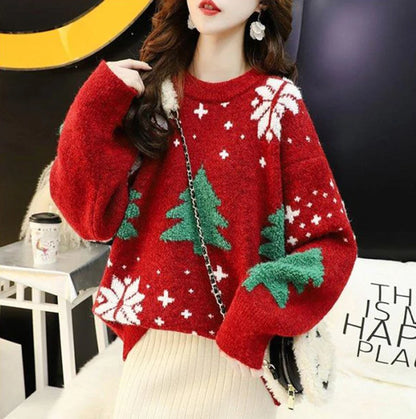 Red Christmas Sweater Women Korean Chic Loose Patchwork Print Knitted Pullover Lady Fall Winter Thick Warm Snowflake Jumpers