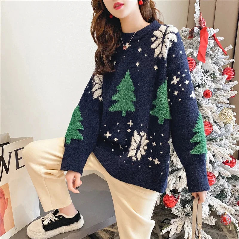 Red Christmas Sweater Women Korean Chic Loose Patchwork Print Knitted Pullover Lady Fall Winter Thick Warm Snowflake Jumpers