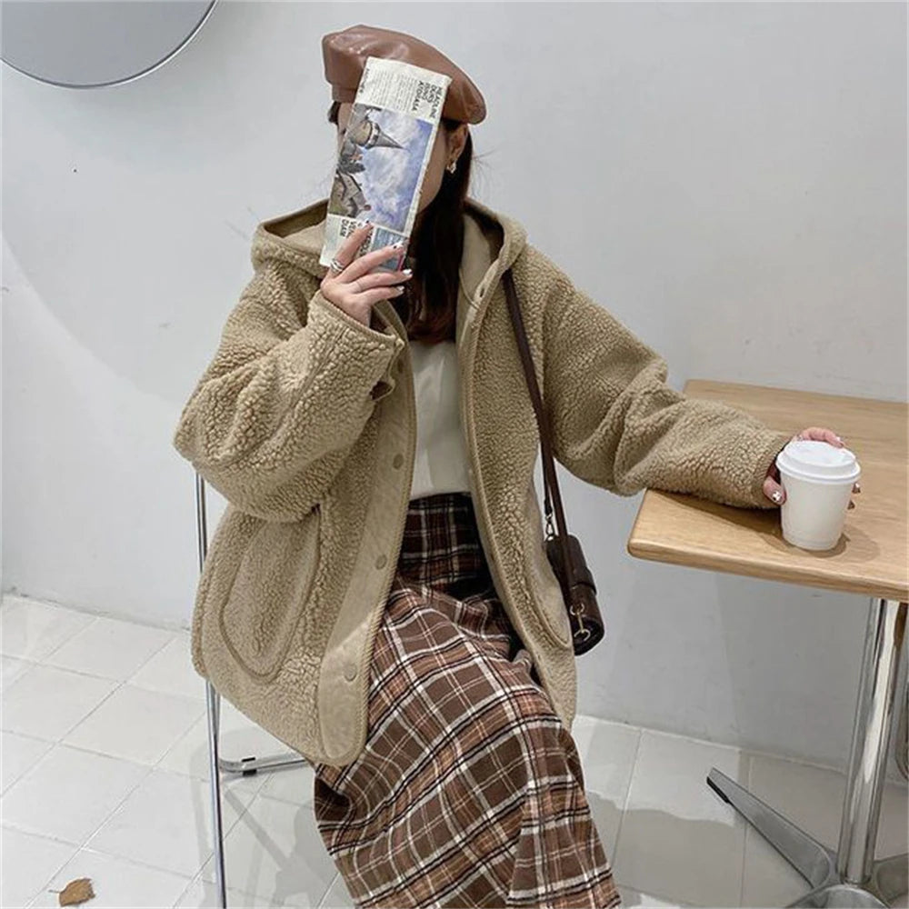 Women Lamb Wool Thick Hooded Coat Korean Loose Warm Plush Jacket Autumn Winter Casual Fashion Streetwear Ladies Sweet Outerwear