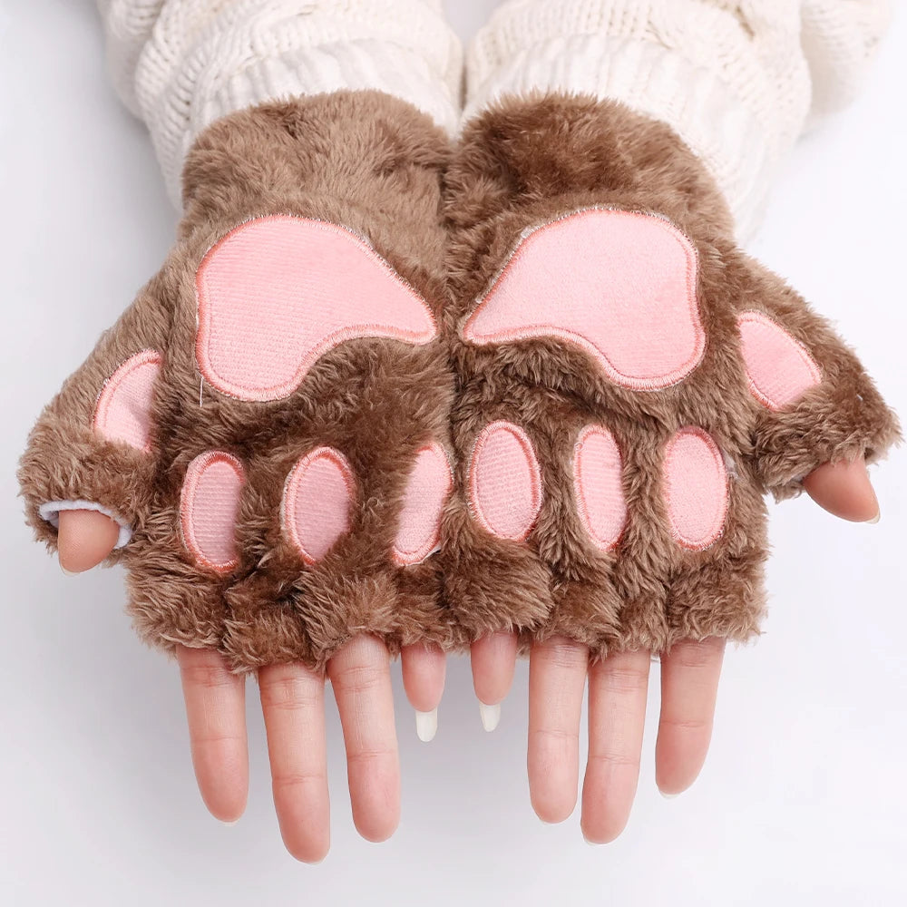 Gants en Peluche à Griffes de Chat – Mitaines Sans Doigts Douces et Chaudes, Gants de Costume Ours Fluffy