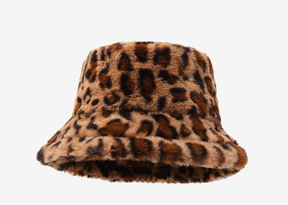 Chapeau hiver femme, imprimé léopard, chaud et polyvalent, style seau en peluche.