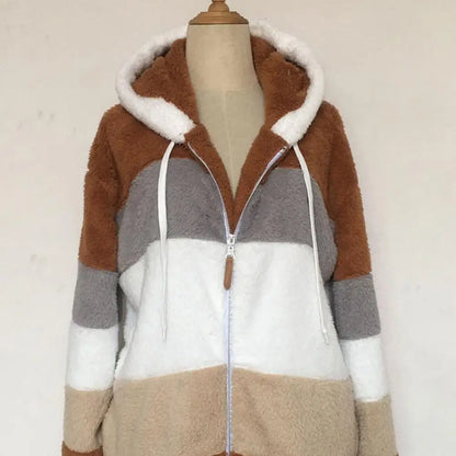 Trendy Lady Autumn Jacket Fluffy Winter Coat Loose Plush Plus Size Lady Jacket  Hooded