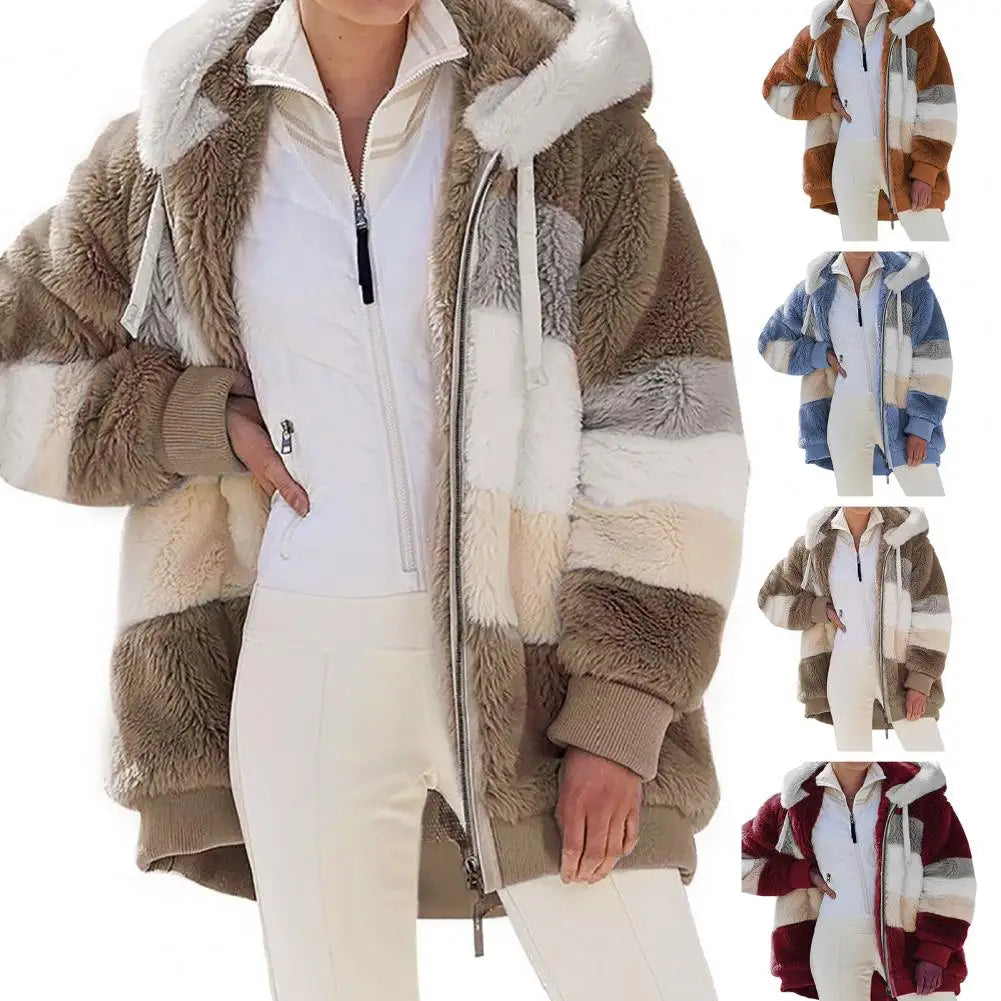 Trendy Lady Autumn Jacket Fluffy Winter Coat Loose Plush Plus Size Lady Jacket  Hooded