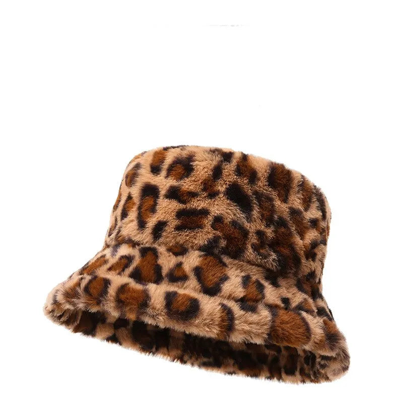 Chapeau hiver femme, imprimé léopard, chaud et polyvalent, style seau en peluche.