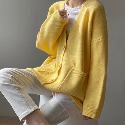 Rimcoy 2024 Chic Yellow Sweater Cardigan Women Lazy Wind Single-Breasted Knitted Cardigan Women Solid V Neck Cardigans Female