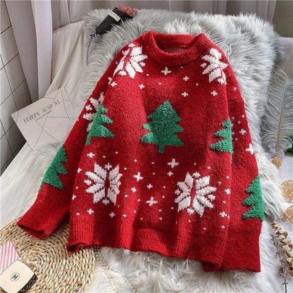 Red Christmas Sweater Women Korean Chic Loose Patchwork Print Knitted Pullover Lady Fall Winter Thick Warm Snowflake Jumpers