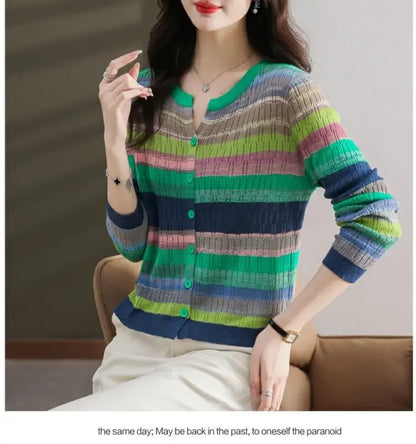 Slimming Knit Striped Mint Wave V-Neck Top Jacket Inner Simple Commuting Design Sensibility Age-Reducing Sweater